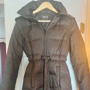 Kenneth Cole Reaction Taupe-Gray Belted Hooded Down Puffer Coat Fur Trim Size XS